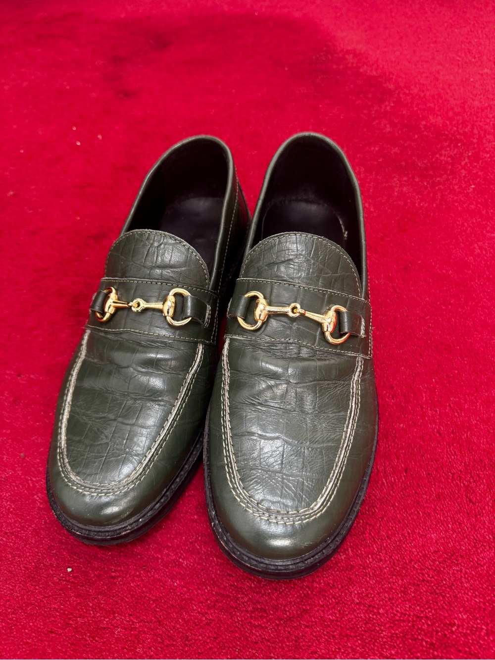 Urban Outfitters Olive Green Croc-Embossed Bit Loafers with Gold Hardware